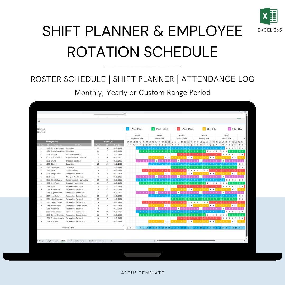 Shift Planner & Employee Roster Schedule | Attendance Tracker Excel ...