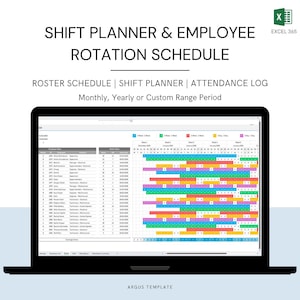 May include: A laptop displays a shift planner and employee rotation schedule. The screen shows a roster schedule, shift planner, and attendance log, with options for monthly, yearly, or custom range periods. The Excel 365 logo is in the top right corner.