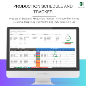 Könnte beinhalten: Ein Computermonitor, der einen Produktionsplan und -verfolgung anzeigt. Der Bildschirm zeigt eine Tabelle mit Daten, die in Spalten und Zeilen organisiert sind. Der Text oben lautet "PRODUCTION SCHEDULE AND TRACKER" und enthält das Excel 365-Logo. Der untere Teil des Bildschirms zeigt "ARGUS TEMPLATE".