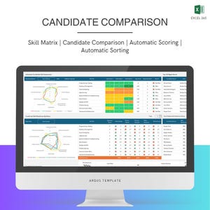 Könnte beinhalten: Ein Computermonitor zeigt eine Tabelle mit dem Titel "CANDIDATE COMPARISON". Der Bildschirm zeigt eine Skill-Matrix, einen Kandidatenvergleich und automatische Bewertung. Das Excel 365-Logo befindet sich oben rechts. Der Text "ARGUS TEMPLATE" steht unten.