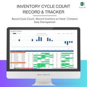 May include: A computer monitor displays an Excel spreadsheet titled "INVENTORY CYCLE COUNT RECORD & TRACKER." The screen shows data tables and a bar graph. Text includes "Record Cycle Count" and "Compare Daily Discrepancies."