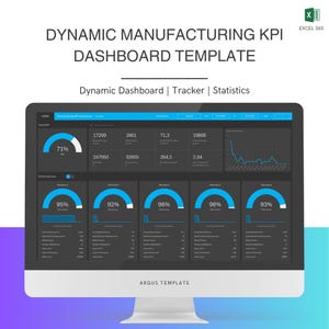 Puede incluir: Un monitor de computadora que muestra una plantilla de panel de control de KPI de fabricación dinámica. La pantalla muestra visualizaciones de datos con elementos azules y blancos, incluidos gráficos y datos numéricos. El texto incluye "Dynamic Manufacturing KPI Dashboard Template" y "Excel 365".
