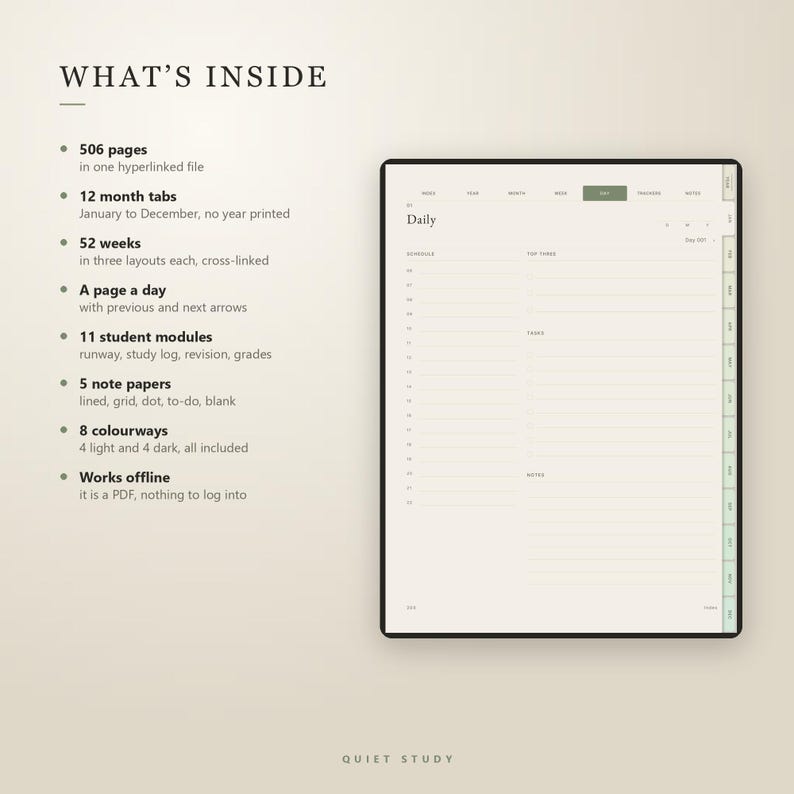 May include: A digital planner interface with the text WHAT'S INSIDE listing 506 pages, 12 month tabs, 52 weeks, daily pages, 11 student modules, 5 note papers, 8 colorways, and offline functionality, alongside a daily schedule page layout.