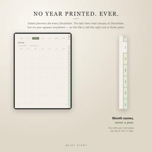 May include: A digital planner interface with a monthly calendar grid, featuring tabs labeled January through December in a soft green hue. The text reads NO YEAR PRINTED. EVER. and Month names, never a year. You write your own dates into the D / M / Y rules.
