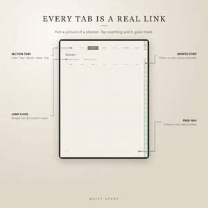 May include: A digital planner interface with a monthly calendar view. Text labels identify interactive elements: Section Tabs, Month Strip, Jump Chips, and Page Nav. The header reads: EVERY TAB IS A REAL LINK. Not a picture of a planner.