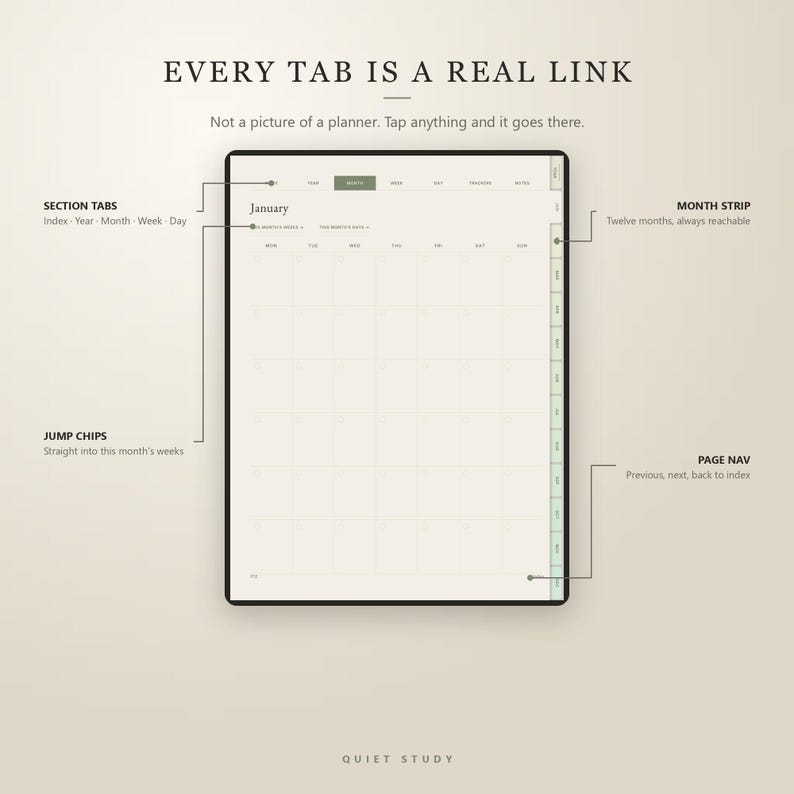 May include: A digital planner interface with a monthly calendar view. Text labels identify interactive elements: Section Tabs, Month Strip, Jump Chips, and Page Nav. The header reads: EVERY TAB IS A REAL LINK. Not a picture of a planner.
