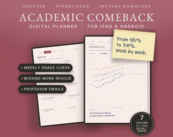 May include: A digital planner titled Academic Comeback for iPad and Android, featuring two tablet screens displaying a grade curve chart and task lists. Text overlays include Weekly Grade Curve, Missing Work Rescue, Professor Emails, and a yellow sticky note stating From 58% to 74%. Week by week.