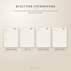 May include: Four digital planner pages titled BUILT FOR COURSEWORK, featuring a Deadline Runway, Study Log, Revision Tracker, and Grade Tracker. Each page has a light cream background with dark text, organized sections, and green tab accents.