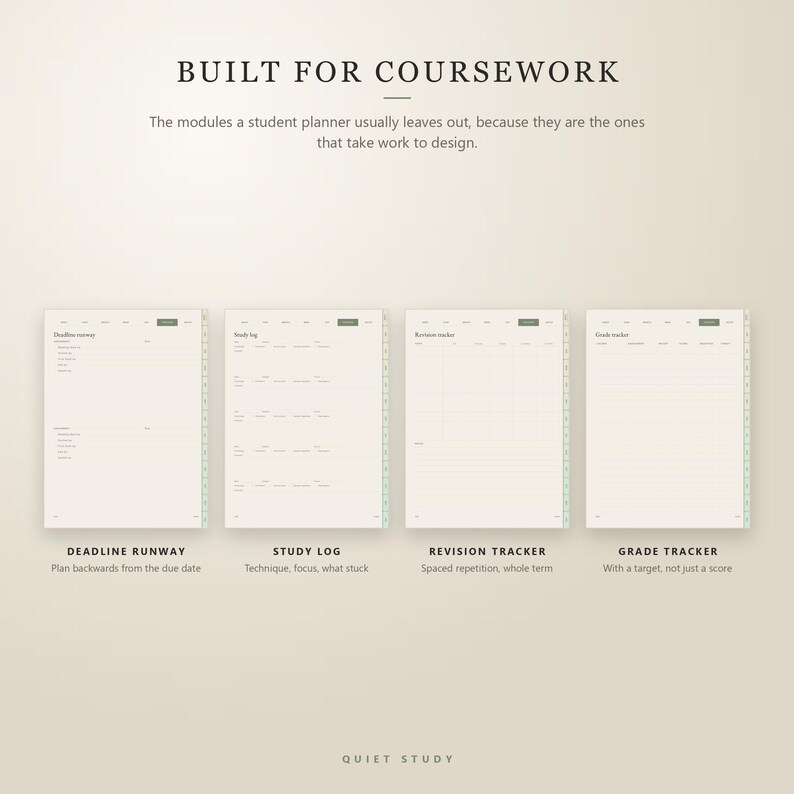 May include: Four digital planner pages titled BUILT FOR COURSEWORK, featuring a Deadline Runway, Study Log, Revision Tracker, and Grade Tracker. Each page has a light cream background with dark text, organized sections, and green tab accents.