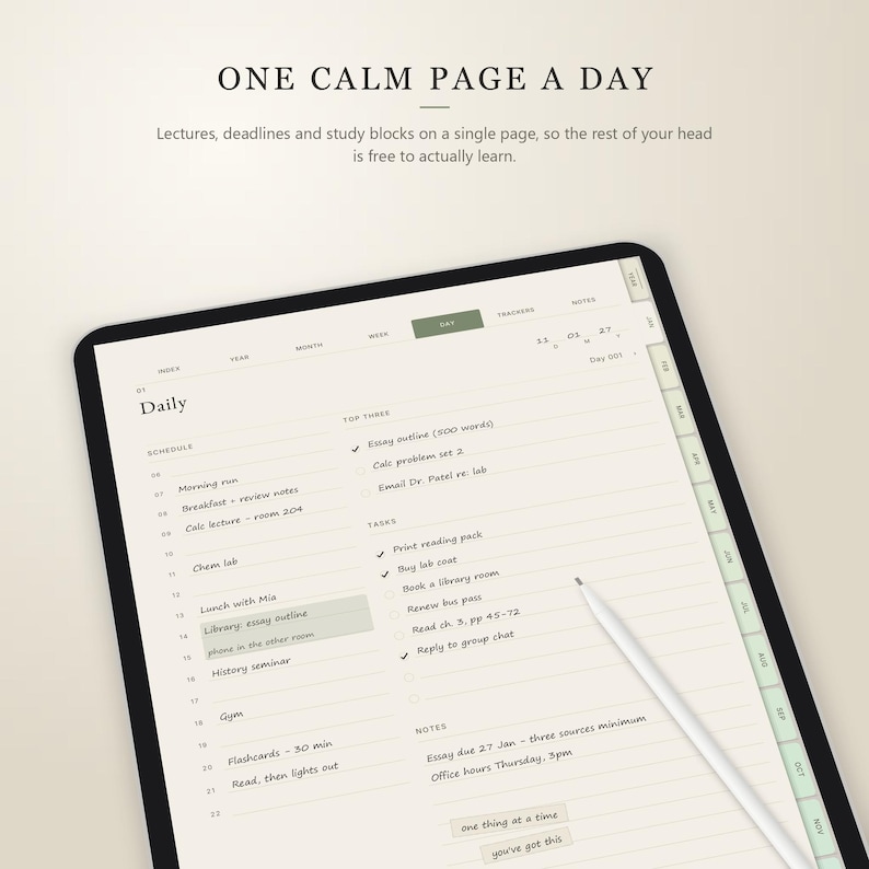 May include: A digital daily planner displayed on a tablet screen with a white stylus. The interface features sections for a schedule, top three tasks, a to-do list, and notes. Text includes "ONE CALM PAGE A DAY" and "Daily" with various handwritten entries.
