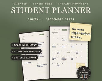 May include: A digital student planner with a September start, featuring hyperlinked pages, daily and monthly layouts, and 11 student modules. The interface includes text labels like Deadline Runway, 3 Weekly Layouts, and 8 Colourways, compatible with Goodnotes, Notability, Samsung Notes, and Xodo.