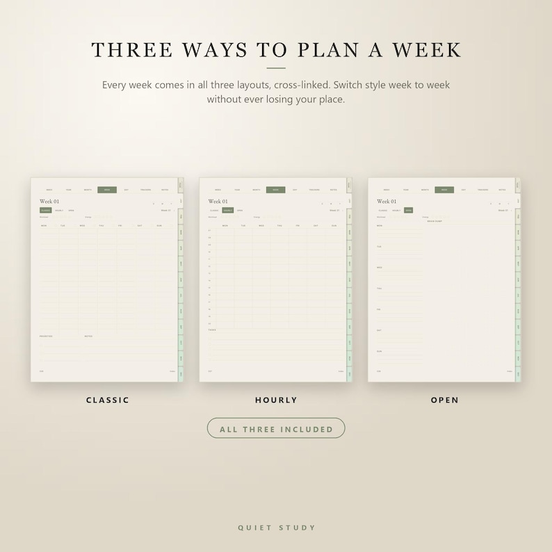 May include: A digital planner display featuring three distinct weekly layouts labeled Classic, Hourly, and Open. The text reads THREE WAYS TO PLAN A WEEK, Every week comes in all three layouts, cross-linked, Switch style week to week without ever losing your place, ALL THREE INCLUDED, and QUIET STUDY.