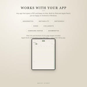 May include: A digital planner interface displayed on a tablet screen, featuring text that reads WORKS WITH YOUR APP, GOODNOTES, NOTABILITY, NOTESHELF, XODO, COLLANOTE, SAMSUNG NOTES, ZOOMNOTES, and iPad (3:4) and Android (16:10) page shapes included.