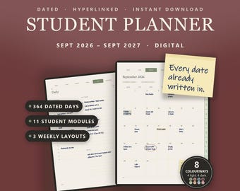 May include: A digital student planner for September 2026 through September 2027. The planner features 364 dated days, 11 student modules, and 3 weekly layouts. It is compatible with Goodnotes, Notability, Samsung Notes, and Xodo apps.
