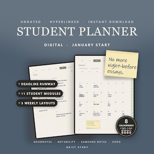 May include: A digital student planner with undated, hyperlinked pages. The interface displays a daily schedule and a January calendar view. Text includes 'STUDENT PLANNER', 'DEADLINE RUNWAY', '11 STUDENT MODULES', '3 WEEKLY LAYOUTS', and 'No more night-before essays.'