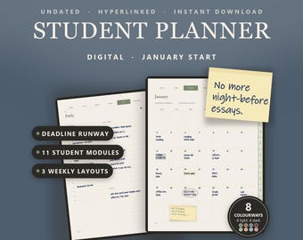 May include: A digital student planner with undated, hyperlinked pages. The interface displays a daily schedule and a January calendar view. Text includes 'STUDENT PLANNER', 'DEADLINE RUNWAY', '11 STUDENT MODULES', '3 WEEKLY LAYOUTS', and 'No more night-before essays.'
