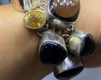 Sterling Silber Rauchquarz Citrin Cluster Armband, Handwerker Statement Schmuck