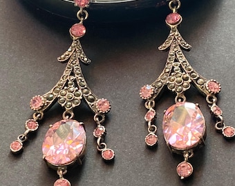 Vintage 925 Sterlingsilber Tschechische Rosa Kristall Tropfen Ohrringe - Art-Deco-Stil Statement-Schmuck