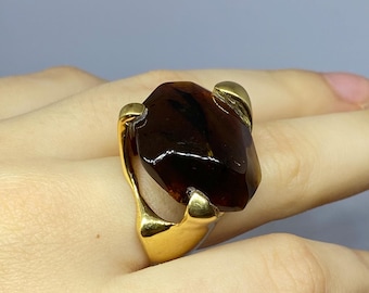 Vintage Italienischer 18K Gold Bernstein Ring Skulptural Modernist Statement Groß Cognac Bernstein 20 mm × 25 mm - 14g Gold