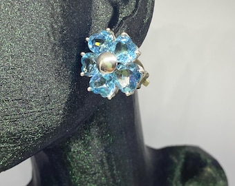 Vintage Blautopas Blumen Ohrringe, 925 Sterling Silber Clip-Ons, blauer Schmuck für Geschenk
