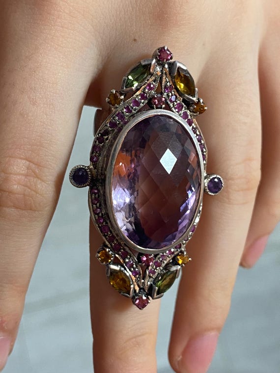 Vintage Amethyst Statement Ring, Sterling Silver,… - image 1