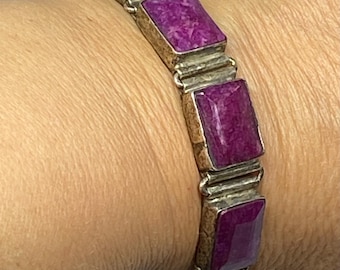 Vintage Rhodonit Armband Sterling Silber 925, rosa Naturstein Cabochon Link Armband, Statement Schmuck