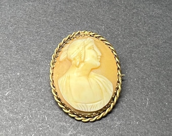 Vintage Shell Cameo Brosche, Cameo, goldfarbene Rahmen, klassisches Lady Profil,