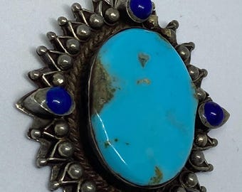 Vintage Türkis Anhänger, Sterling Silber, Tribal Boho Statement Schmuck