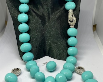 Chunky Türkis Emaille Perlen Schmuck Set , Cabrio Statement Halskette Armband Ohrringe