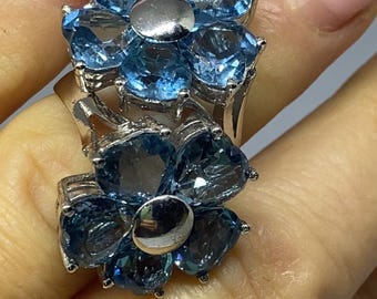 Vintage Blautopas Blumen Ring • 1980s Sterling Silber Statement Schmuck