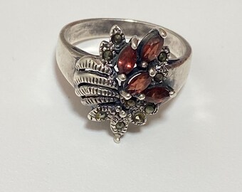 Vintage 925 Sterling Silber Granat Ring Silber Floral Cluster