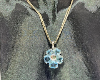Vintage Blautopas Blumen Anhänger • 925 Sterling Silber Halskette