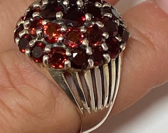 Vintage Boho Granat Kuppel Ring, Sterling Silber Cluster Statement Schmuck