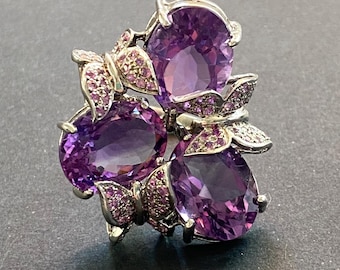 Vintage Amethyst Sterling Silber Cocktail-Ring Floral Schmetterling Design für Valentinstag Geschenk