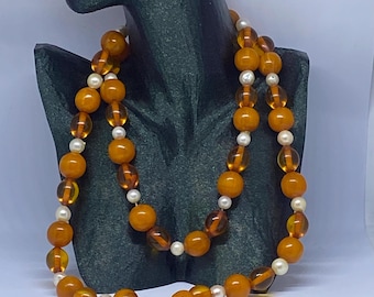Vintage Baltische Bernsteinkette mit Perlenakzenten - Honig-Cognac-Perlen, Statement-Schmuck im 925-Stil