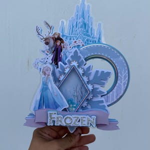Könnte beinhalten: Ein mehrschichtiger Tortenaufleger mit Figuren aus Frozen, darunter Elsa, Anna, Olaf und Sven. Das Design umfasst ein hellblaues Eisschloss, ein rautenförmiges Schüttelelement mit blauem Glitzer und ein Banner mit dem Wort FROZEN in Silber.