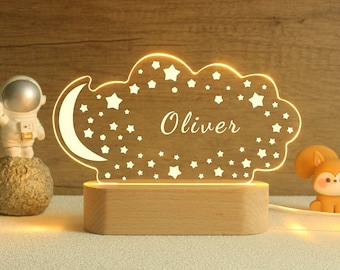 Personalized Night Light with Moon & Stars, Nursery Room Decor, Kids Bedside Night Light, Custom Easter Christmas Gifts for Children