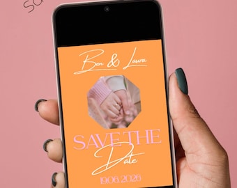 Save the Date Karte Orange Pink | Verlobungsfoto Hände | Romantische Hochzeitsankündigung | Editable Vorlage | Modern & Elegant