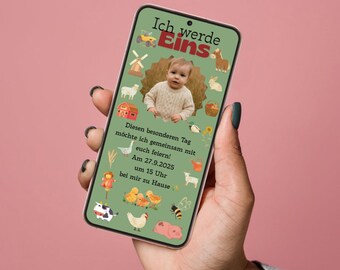 Zaproszenie cyfrowe | Zaproszenie na pierwsze urodziny – Projekt farmy | Szablon Canva