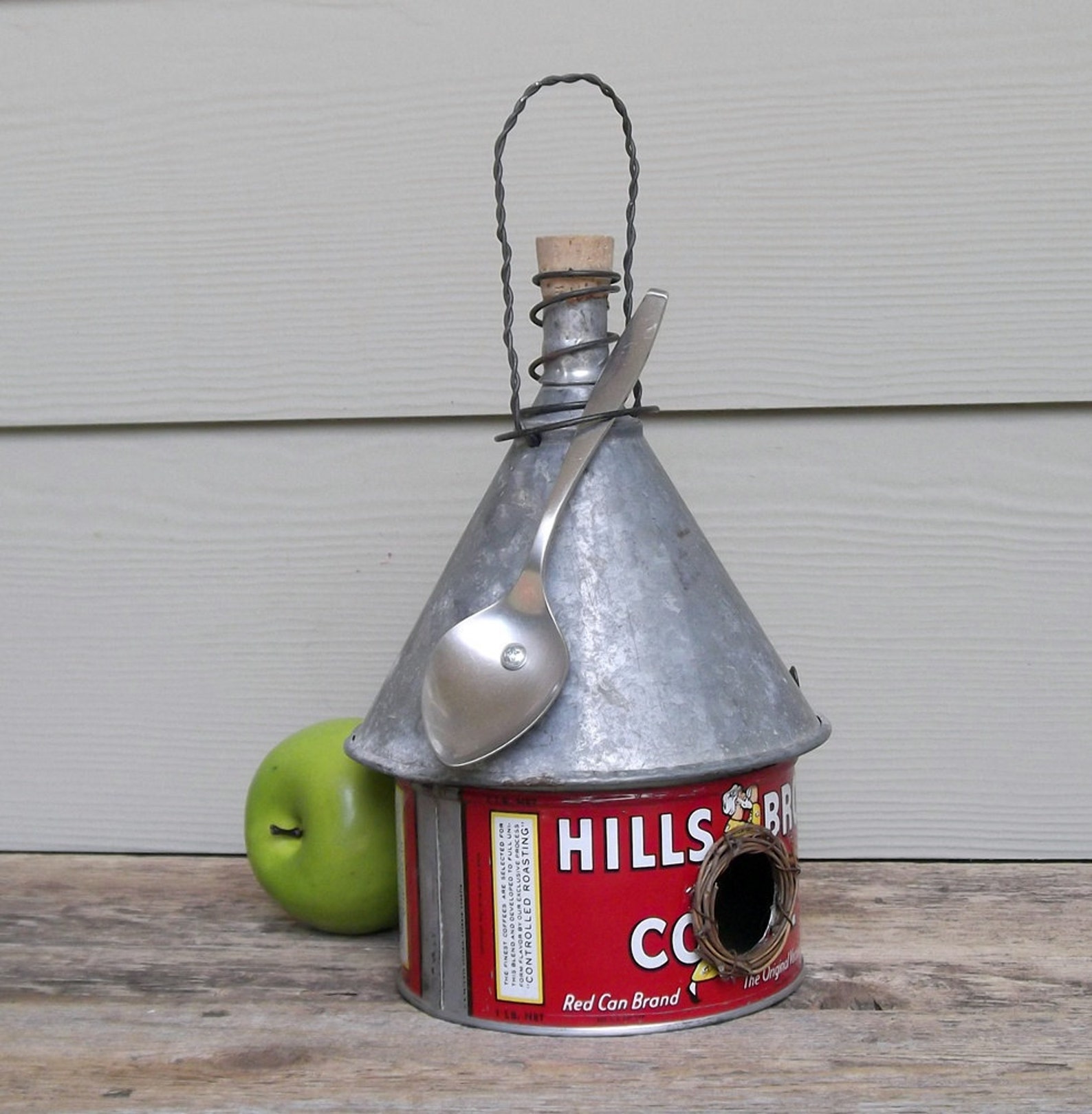 Vintage Coffee Can Birdhouse Whimsical Birdhouse Funnel Roof Etsy