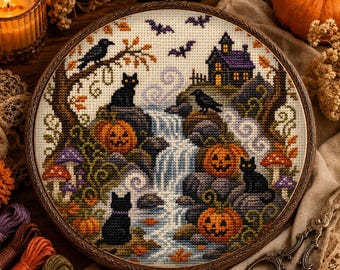 Puede incluir: Un bordado de punto de cruz circular en un bastidor de madera que muestra una escena de Halloween con una cascada, tres gatos negros, tres calabazas, una casa con techo morado, cuervos, murciélagos y setas coloridas sobre tela clara.