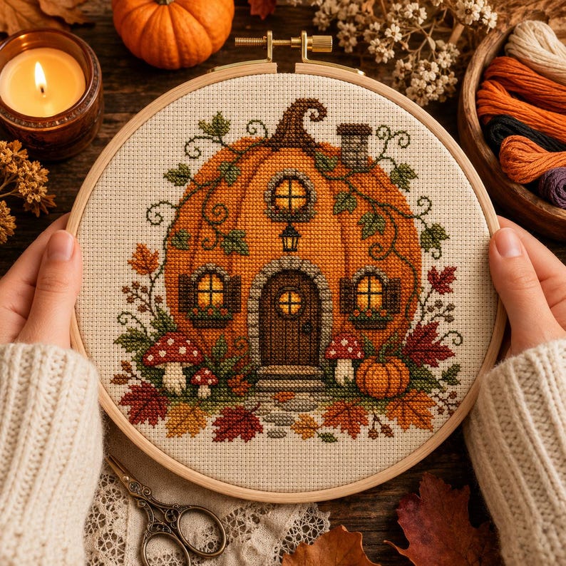 May include: A cross-stitch embroidery project in a circular wooden hoop featuring a large orange pumpkin shaped like a house with a brown door, windows, a chimney, and a lantern. The design includes red and white mushrooms and autumn leaves.