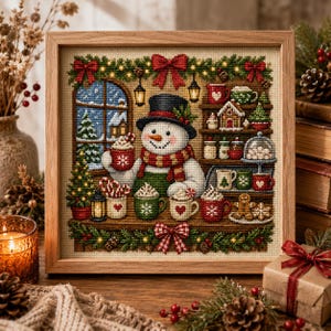 Peut inclure: Une broderie au point de croix encadrée représentant un bonhomme de neige avec un haut-de-forme noir et une écharpe rouge, tenant une tasse. La scène inclut des étagères avec des friandises, une maison en pain d'épices et une fenêtre enneigée.