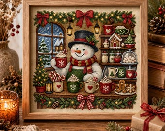 Può includere: Un ricamo a punto croce incorniciato raffigurante un pupazzo di neve con cilindro nero e sciarpa rossa, che tiene in mano una tazza. La scena include scaffali con dolcetti natalizi, una casetta di pan di zenzero, tazze e una finestra innevata.