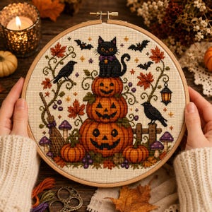 Black Cat Pumpkin Stack Cross Stitch Pattern PDF, Halloween Pumpkin Chart, Digital Download