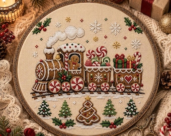 May include: A circular cross-stitch embroidery featuring a brown gingerbread train with peppermint wheels, carrying gifts and candy canes. The design includes a gingerbread tree, snowflakes, and holly sprigs on beige fabric, framed in a wooden hoop.