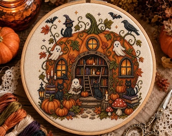 May include: A round embroidery hoop containing a cross-stitch design of a pumpkin-shaped house. The house features a library interior with bookshelves, a ladder, ghosts, black cats, bats, a raven, pumpkins, and mushrooms on a cream fabric.