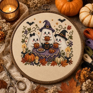 Halloween Ghost Cross Stitch Pattern PDF - Ghostly Tea Party Digital Download, Spooky Cute Fall Embroidery (Digital Download)