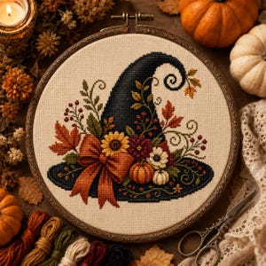 Autumn Witch’s Hat Cross Stitch Pattern PDF, Fall Witch Embroidery, Halloween Decor (Digital Download)