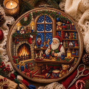 May include: A circular cross-stitch embroidery piece in a wooden hoop depicting a cozy holiday scene with Santa Claus working at a desk. The design features a fireplace, a window with a night sky, bookshelves, toys, and wrapped gifts.
